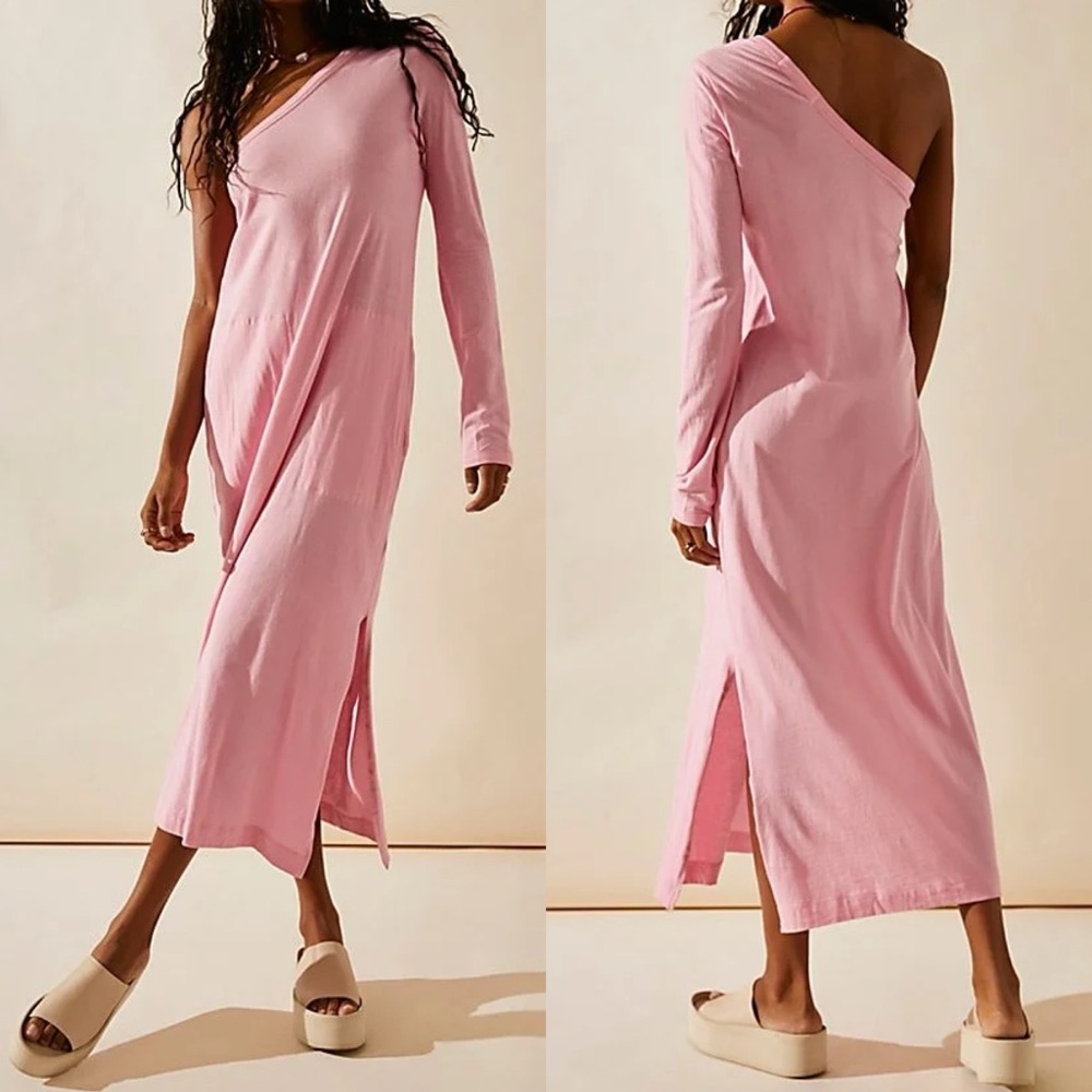 Free People Evangeline Pink One Arm Midi Dress Size‎ XS Cotton Silk Boho Slit